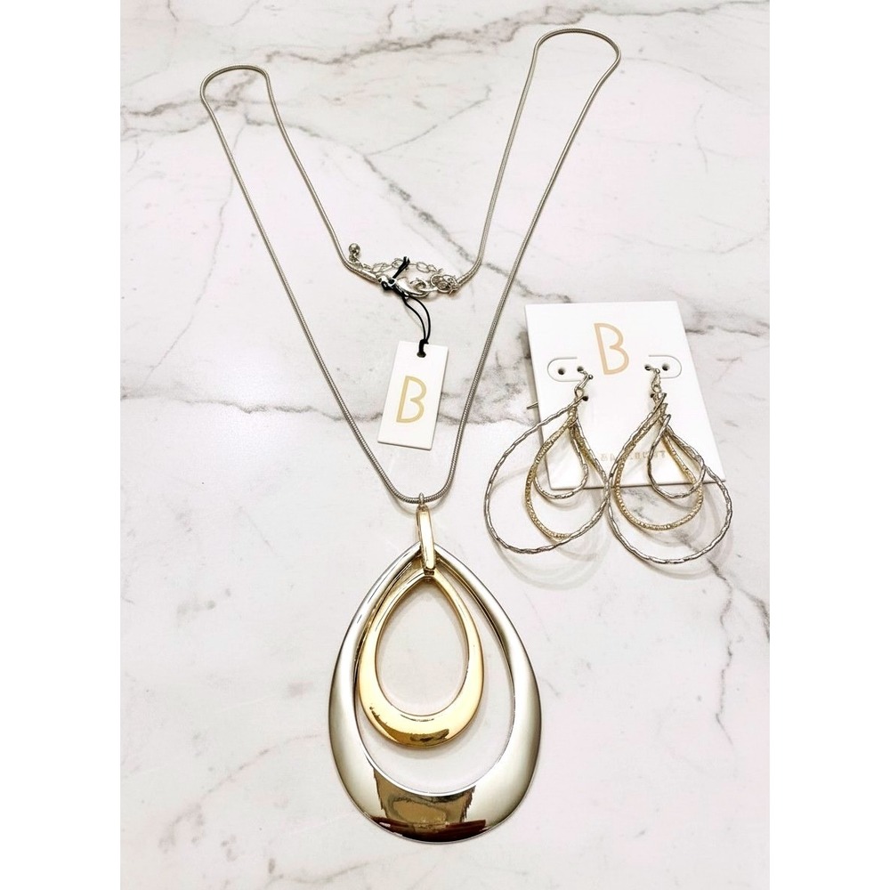 Barcroft Gold & Silver Tone Teardrop Pendant Necklace and Hoop Earring Set NEW